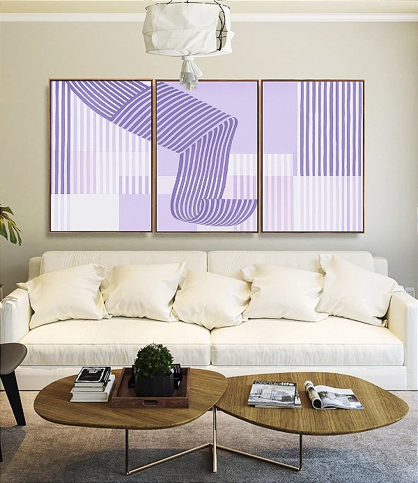 Trio de Quadros Abstrato Listras Roxo Lavanda Geométrico Canvas Moldura