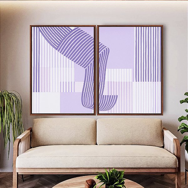 Duo de Quadros Abstrato Listras Roxo Lavanda Geométrico Canvas Moldura