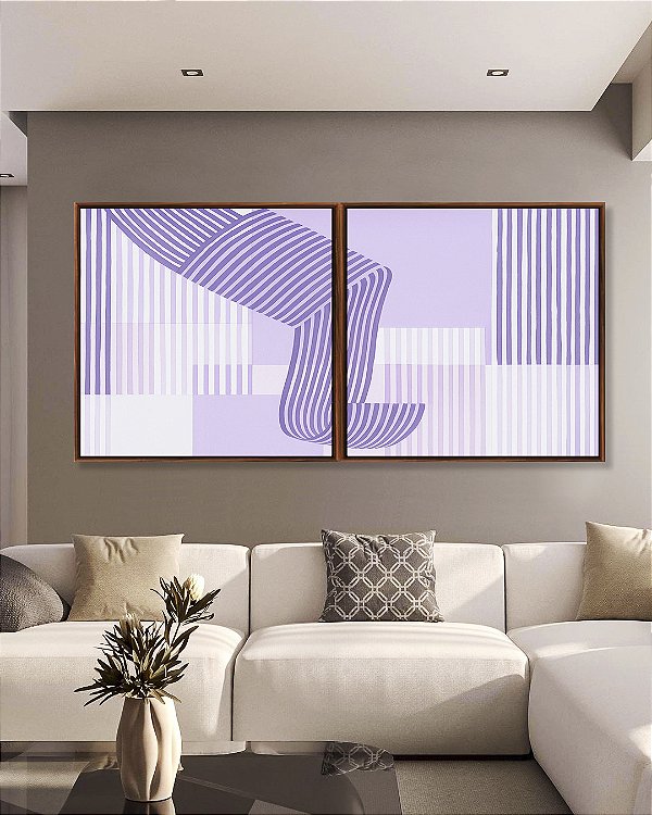 Duo de Quadros Quadrados Abstrato Listras Roxo Lavanda Geométrico Canvas Moldura