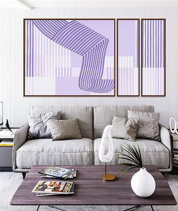Trio de Quadros Estilizados Abstrato Listras Geométrico Roxo Lavanda Canvas Moldura