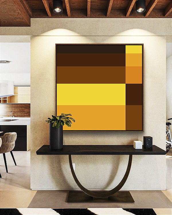 Quadro Quadrado Abstrato Geométrico Listras Amarelo Ouro Chocolate Canvas Moldura