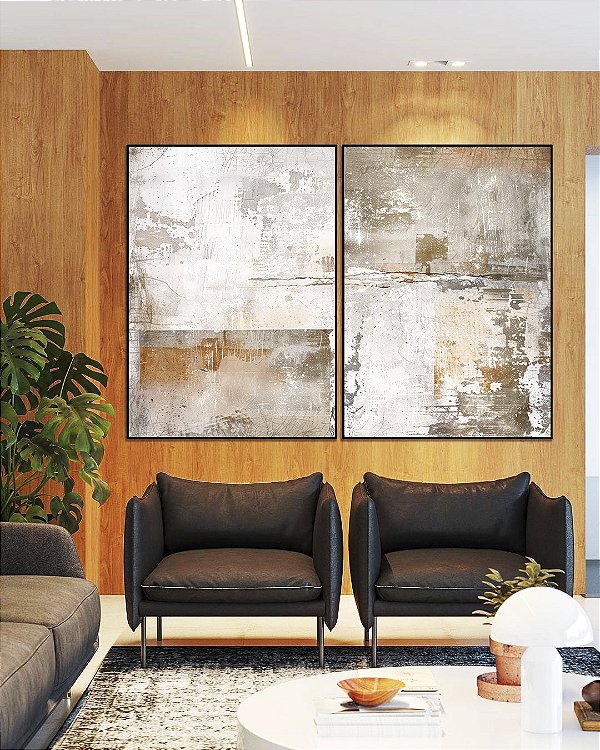 Duo de Quadros Abstrato Concreto Cinza Arte Canvas Moldura
