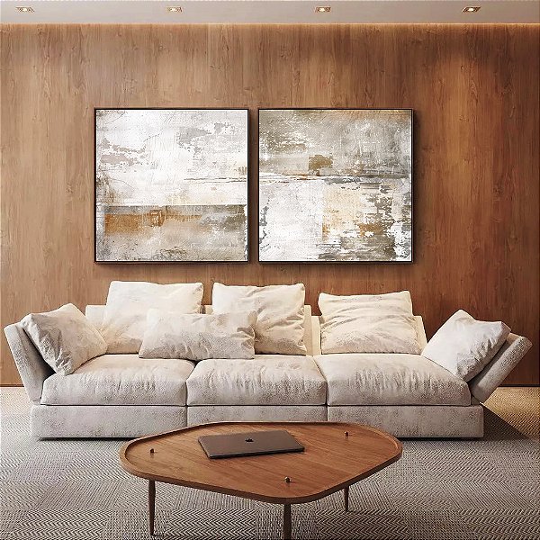 Duo de Quadros Quadrados Abstrato Concreto Cinza Arte Canvas Moldura