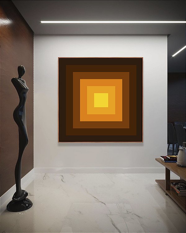 Quadro Quadrado Abstrato Geométrico Degradê Amarelo Ouro Chocolate Canvas Moldura