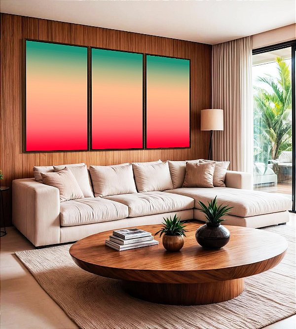 Trio de Quadros Abstrato Degradê Turquesa Marfim Rosa Canvas Moldura
