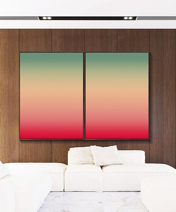 Duo de Quadros Abstrato Degradê Turquesa Marfim Rosa Canvas Moldura