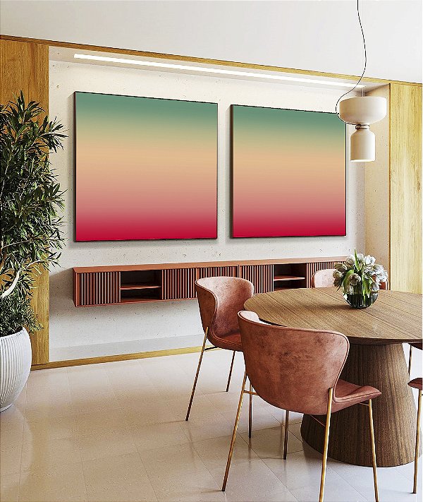 Duo de Quadros Quadrados Abstrato Degradê Turquesa Marfim Rosa Canvas Moldura