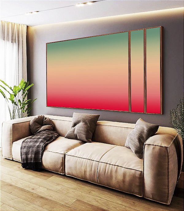 Trio de Quadros Estilizados Abstrato Degradê Turquesa Marfim Rosa Canvas Moldura