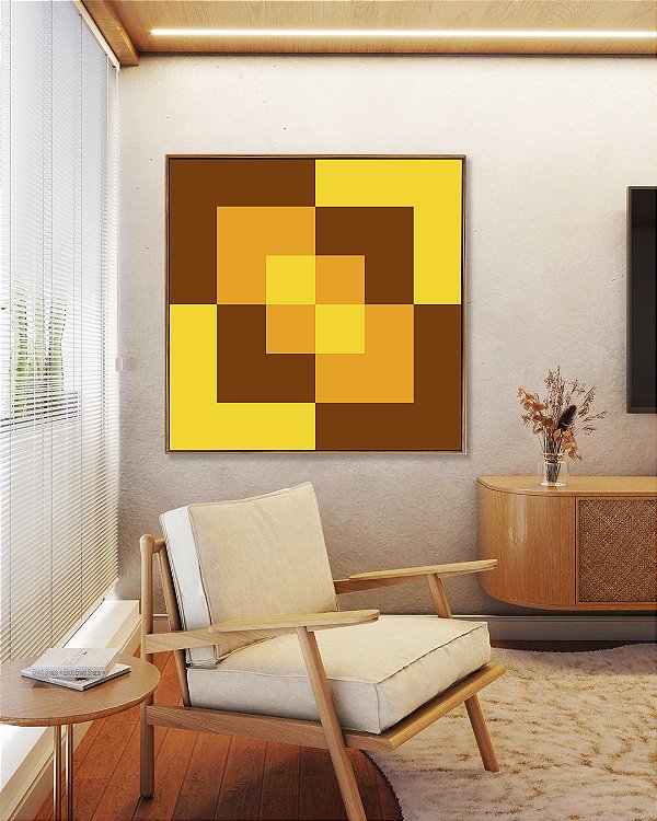 Quadro Quadrado Abstrato Geométrico Amarelo Ouro Chocolate Arte Canvas Moldura