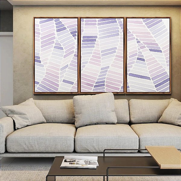 Trio de Quadros Folhas Abstratas Roxo Lilás Lavanda Canvas Moldura