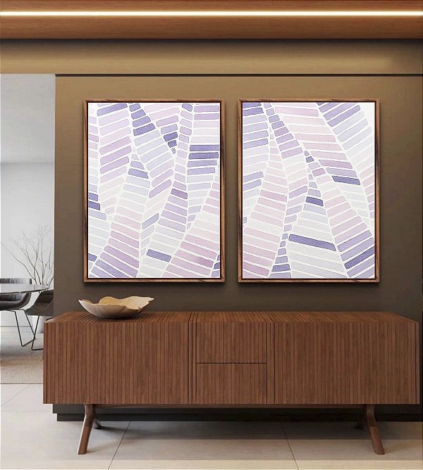 Duo de Quadros Folhas Abstratas Roxo Lilás Lavanda Canvas Moldura