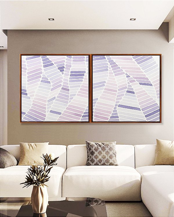 Duo de Quadros Quadrados Folhas Abstratas Roxo Lilás Lavanda Canvas Moldura