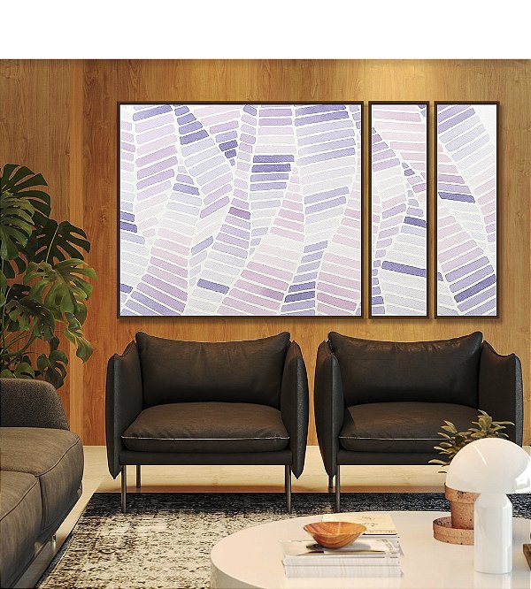 Trio de Quadros Estilizados Folhas Abstratas Roxo Lilás Lavanda Canvas Moldura