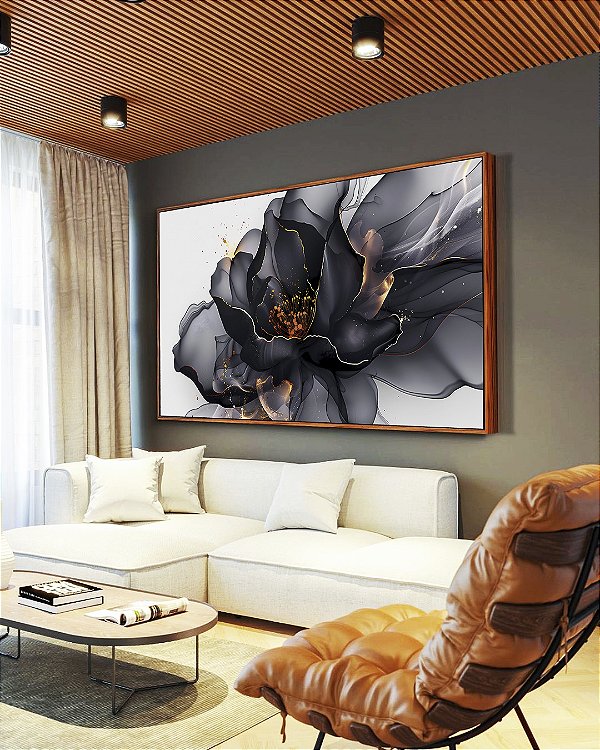 Quadro Horizontal Flor Abstrata Fumê Preto Dourado Branco Canvas Moldura
