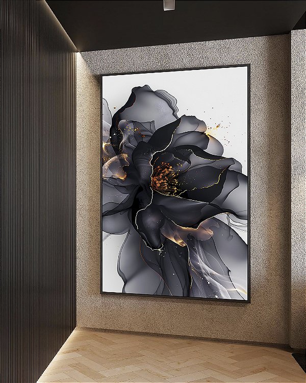 Quadro Vertical Flor Abstrata Fumê Preto Dourado Branco Canvas Moldura