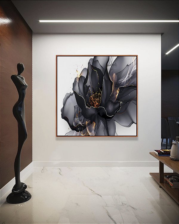 Quadro Quadrado Flor Abstrata Fumê Preto Dourado Branco Canvas Moldura