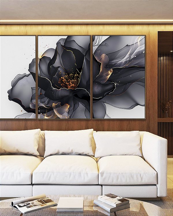 Trio de Quadros Flor Abstrata Fumê Preto Dourado Branco Canvas Moldura