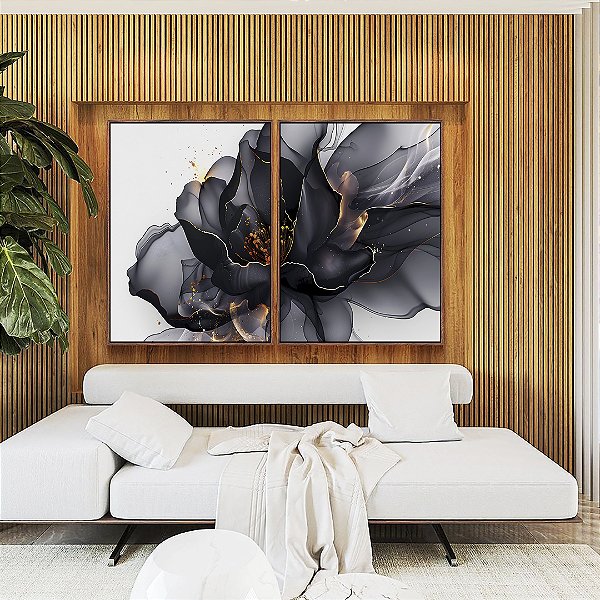 Duo de Quadros Flor Abstrata Fumê Preto Dourado Branco Canvas Moldura