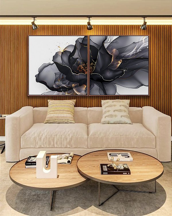 Duo de Quadros Quadrados Flor Abstrata Fumê Preto Dourado Canvas Moldura