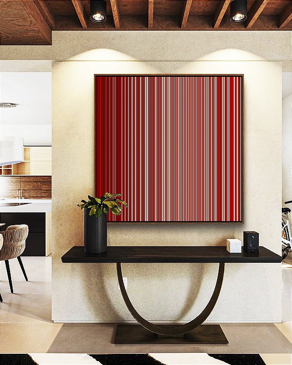 Quadro Quadrado Abstrato Degradê Listras Vermelho Carmim Salmão Canvas Moldura