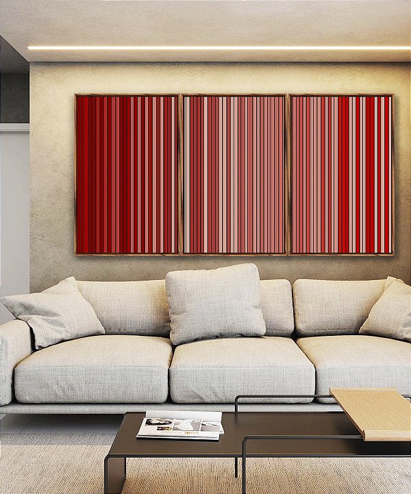 Trio de Quadros Abstrato Degradê Listras Vermelho Carmim Salmão Canvas Moldura