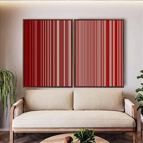 Duo de Quadros Abstrato Degradê Listras Vermelho Carmim Salmão Canvas Moldura