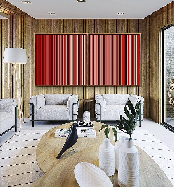 Duo de Quadros Quadrados Abstrato Degradê Listras Vermelho Carmim Salmão Canvas Moldura