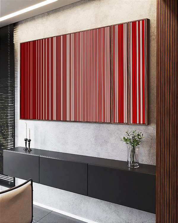 Trio de Quadros Estilizados Abstrato Degradê Listras Vermelho Carmim Salmão Canvas Moldura