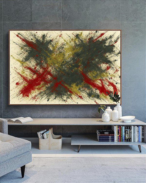 Quadro Horizontal Abstrato Verde Oliva Vermelho Carmim Efeito Pintura Canvas Moldura