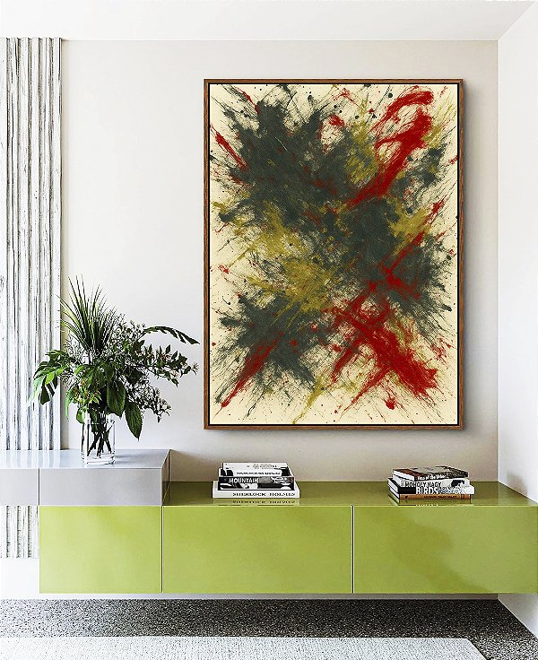 Quadro Vertical Abstrato Verde Oliva Vermelho Carmim Efeito Pintura Canvas Moldura