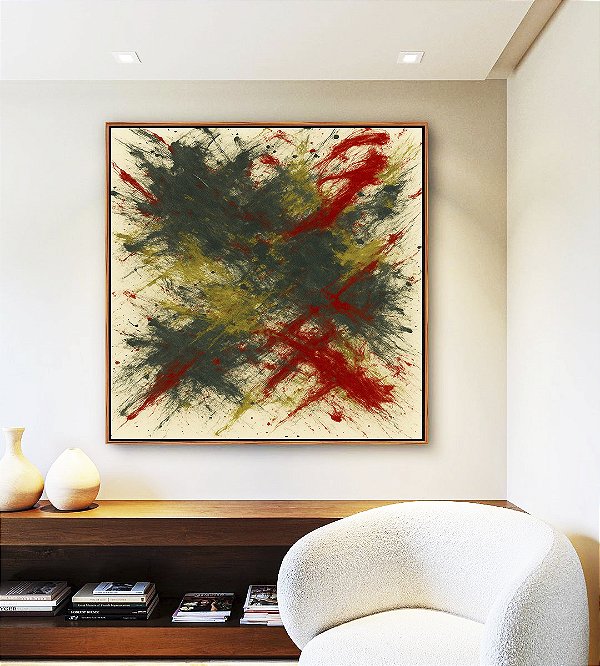 Quadro Quadrado Abstrato Verde Oliva Vermelho Carmim Efeito Pintura Canvas Moldura