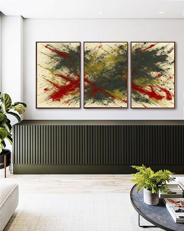 Trio de Quadros Abstrato Verde Oliva Vermelho Carmim Efeito Pintura Canvas Moldura