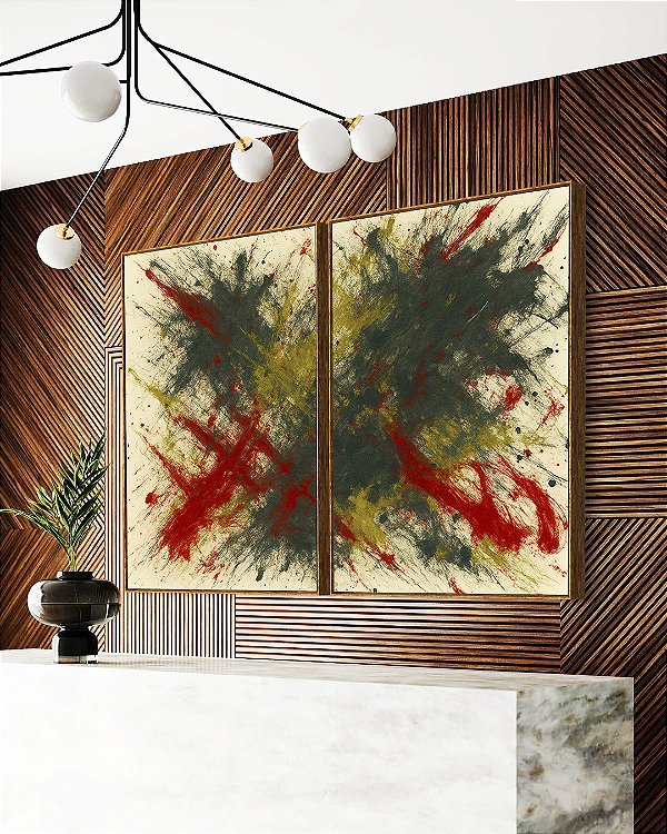 Duo de Quadros Abstrato Verde Oliva Vermelho Carmim Efeito Pintura Canvas Moldura