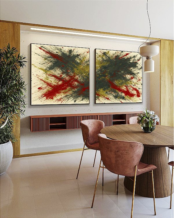 Duo de Quadros Quadrados Abstrato Verde Oliva Vermelho Carmim Efeito Pintura Canvas Moldura