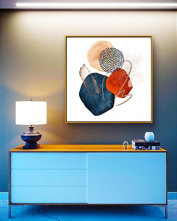Quadro Quadrado Abstrato Minimalista Formas Azul Terracota Canvas Moldura