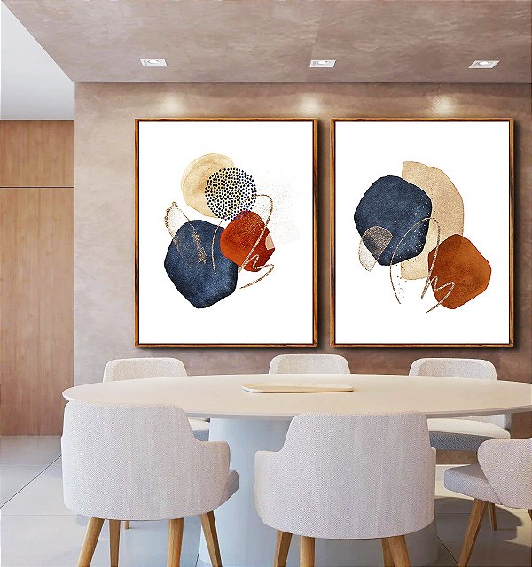 Duo de Quadros Abstrato Minimalista Formas Azul Terracota Canvas Moldura