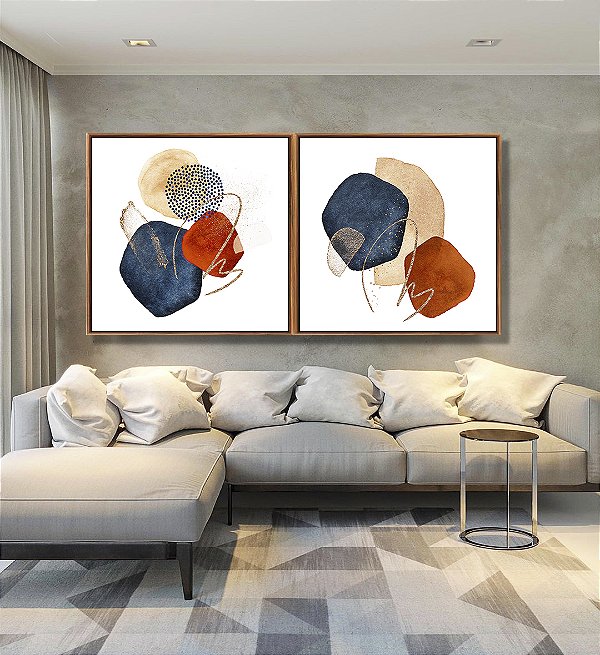 Duo de Quadros Quadrados Abstrato Minimalista Formas Azul Terracota Canvas Moldura