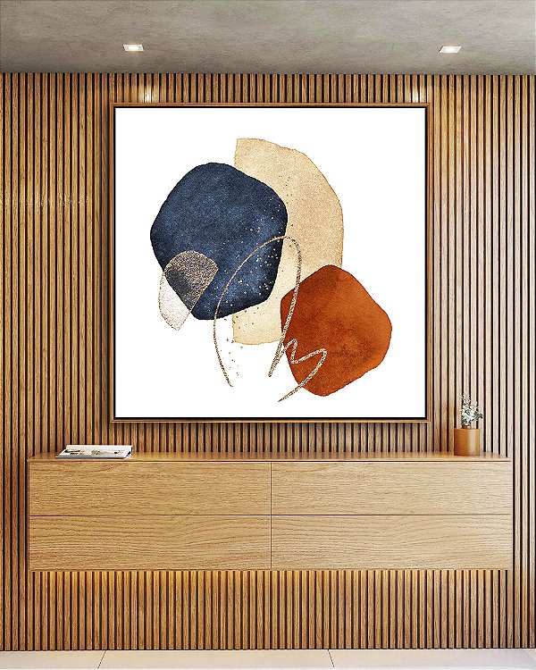 Quadro Quadrado Abstrato Formas Minimalista Azul Terracota Canvas Moldura