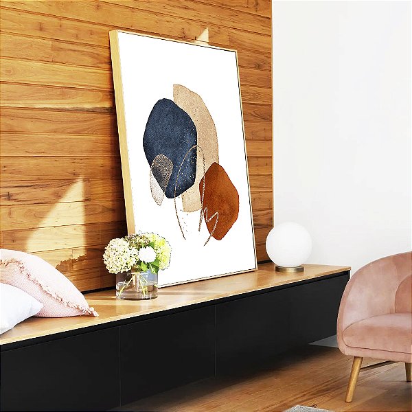 Quadro Vertical Abstrato Formas Minimalista Azul Terracota Canvas Moldura