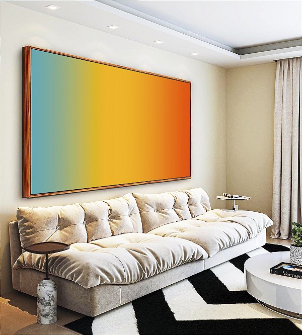 Quadro Horizontal Abstrato Degradê Azul Amarelo Ouro Laranja Tangerina Canvas Moldura
