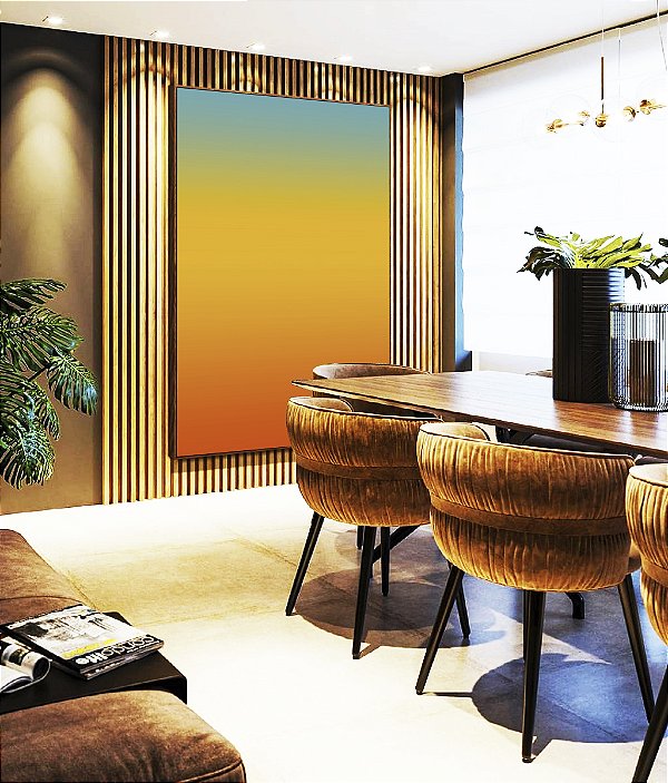Quadro Vertical Abstrato Degradê Azul Amarelo Ouro Laranja Tangerina Canvas Moldura