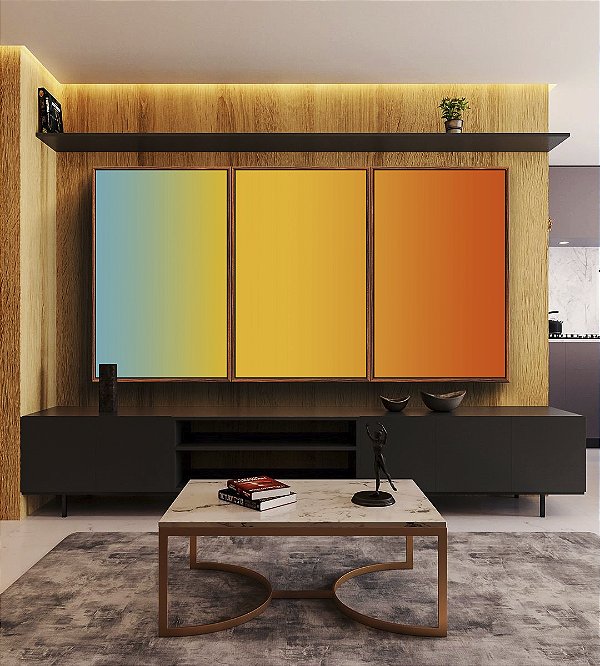 Trio de Quadros Abstrato Degradê Azul Amarelo Ouro Laranja Tangerina Canvas Moldura