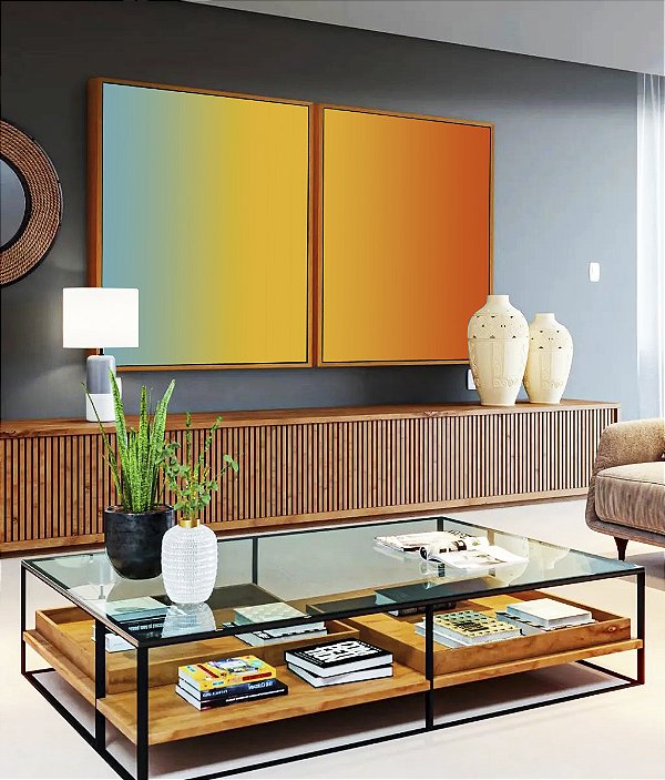 Duo de Quadros Abstrato Degradê Azul Amarelo Ouro Laranja Tangerina Canvas Moldura