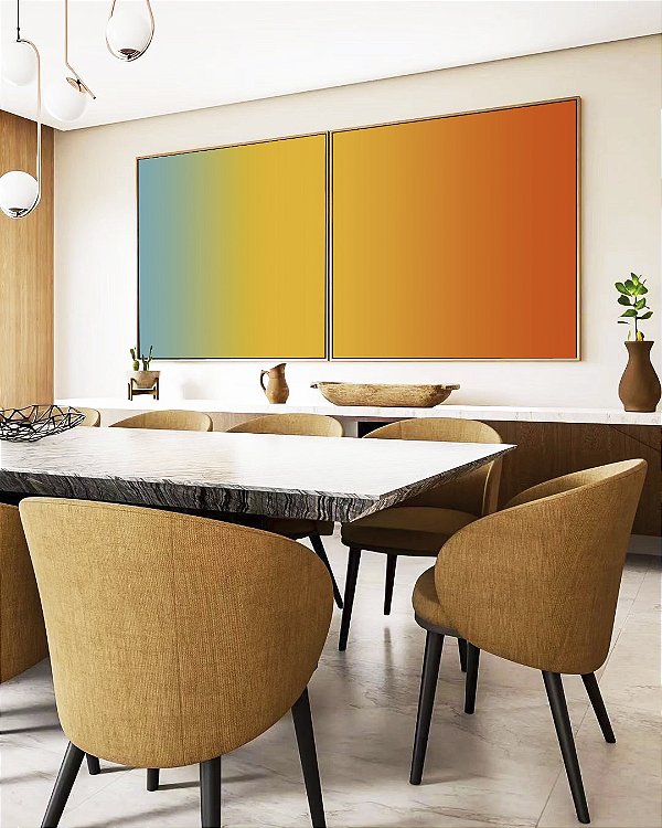 Duo de Quadros Quadrados Abstrato Degradê Azul Amarelo Ouro Laranja Tangerina Canvas Moldura