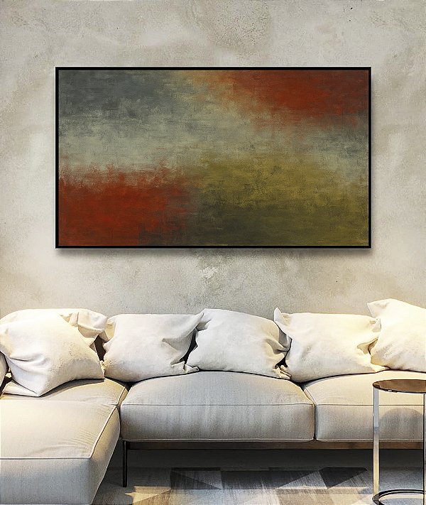 Quadro Horizontal Verde Oliva Vermelho Carmim Azul Acinzentado Textura Canvas Moldura