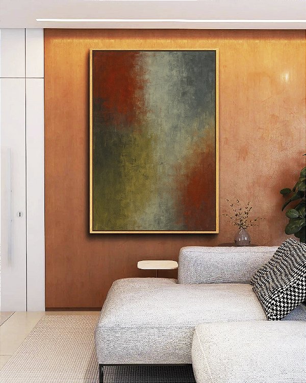 Quadro Vertical Verde Oliva Vermelho Carmim Azul Acinzentado Textura Canvas Moldura