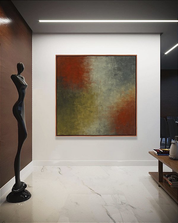 Quadro Quadrado Verde Oliva Vermelho Carmim Azul Acinzentado Textura Canvas Moldura