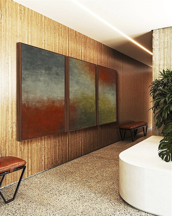 Trio de Quadros Verde Oliva Vermelho Carmim Azul Acinzentado Textura Canvas Moldura
