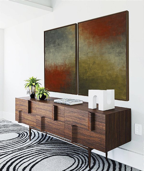 Duo de Quadros Verde Oliva Vermelho Carmim Azul Acinzentado Textura Canvas Moldura