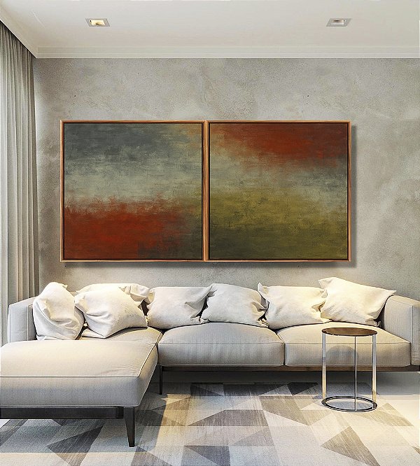 Duo de Quadros Quadrados Verde Oliva Vermelho Carmim Azul Acinzentado Textura Canvas Moldura